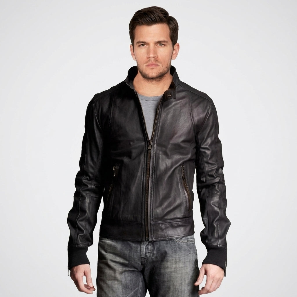 Men's Stylish Sheepskin Leather Bomber Jacket with Stand Collar