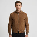 Men's Classic Suede Bomber Jacket with Stand Collar & Ribbed Trim