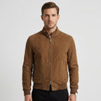 Men's Classic Suede Bomber Jacket with Stand Collar & Ribbed Trim