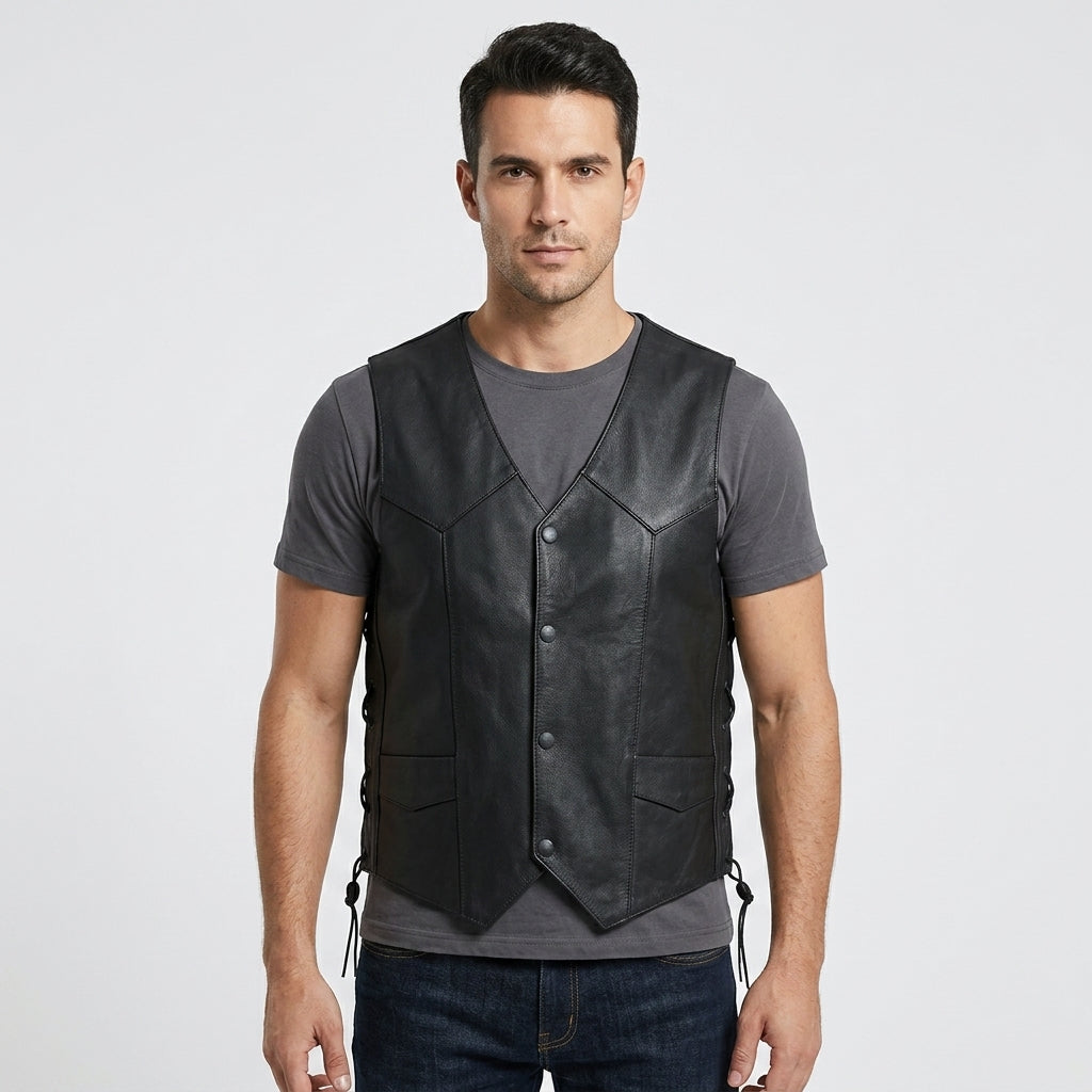 Men's Black Leather Vest Premium Motorcycle Riding Vest