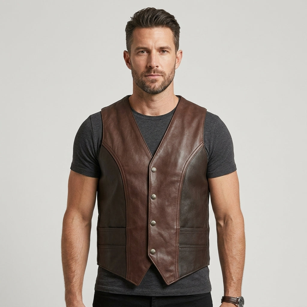 Men's Leather Biker Vest Genuine Cowhide Motorcycle Waistcoat