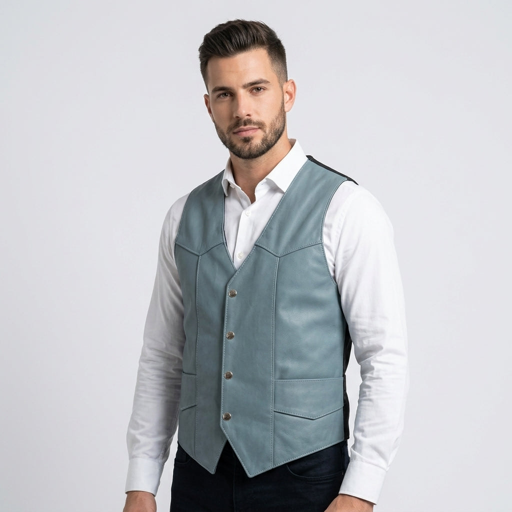 Men's Premium Leather Vest Classic Western Cowboy Waistcoat
