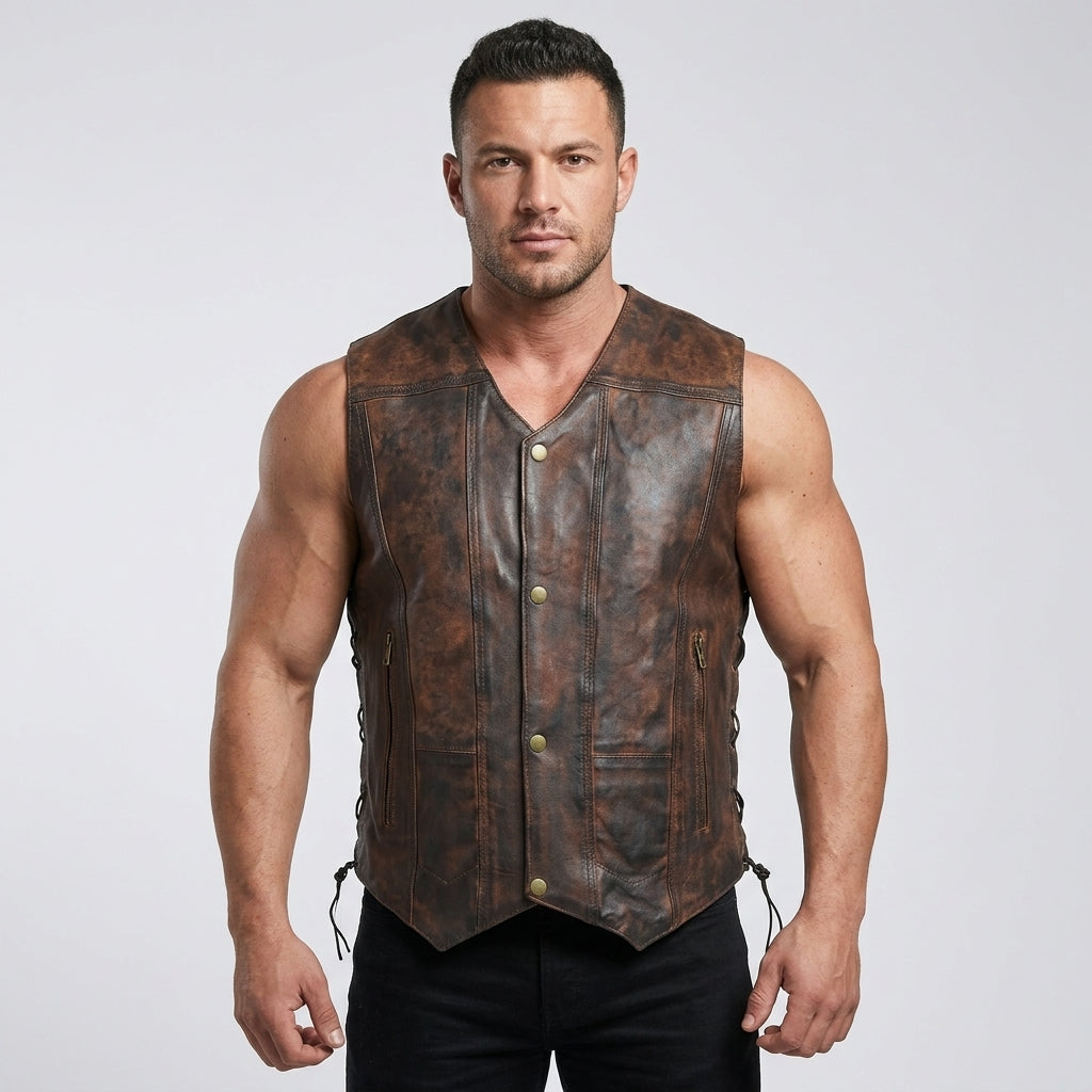 Men's Leather Motorcycle Vest Snap Front Biker Riding Vest