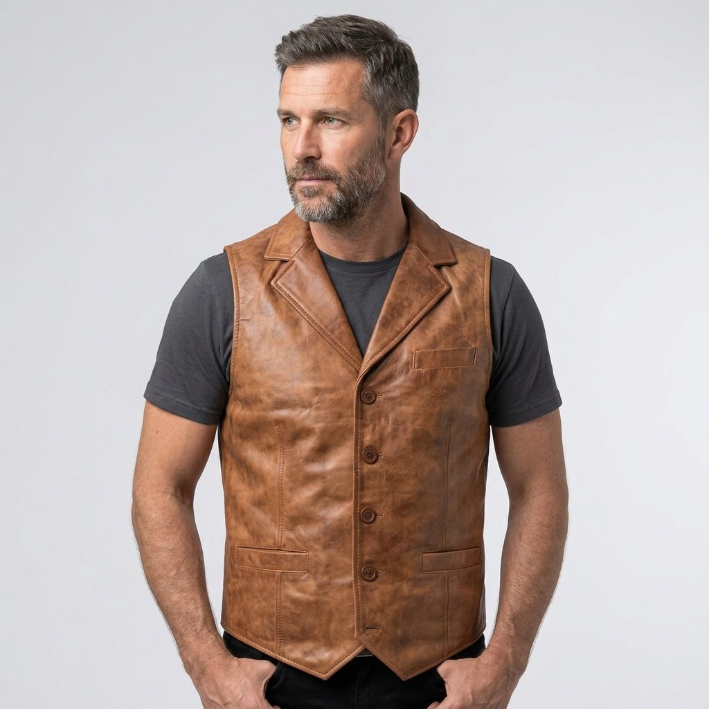 Men's Leather Western Vest Genuine Cowboy Leather Waistcoat