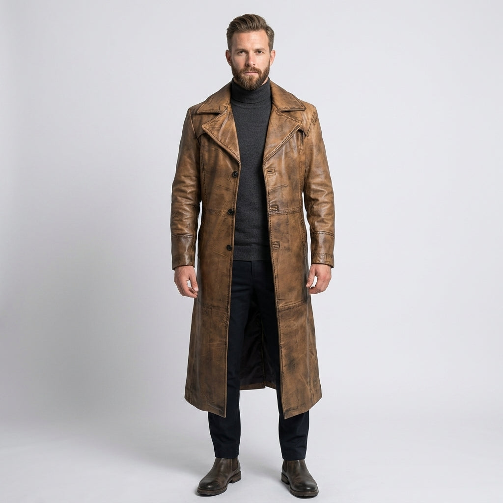 Men's Vintage Distressed Brown Leather Trench Coat