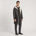 Black Hooded Leather Trench Coat with Beige Hood