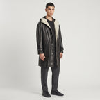 Black Hooded Leather Trench Coat with Beige Hood