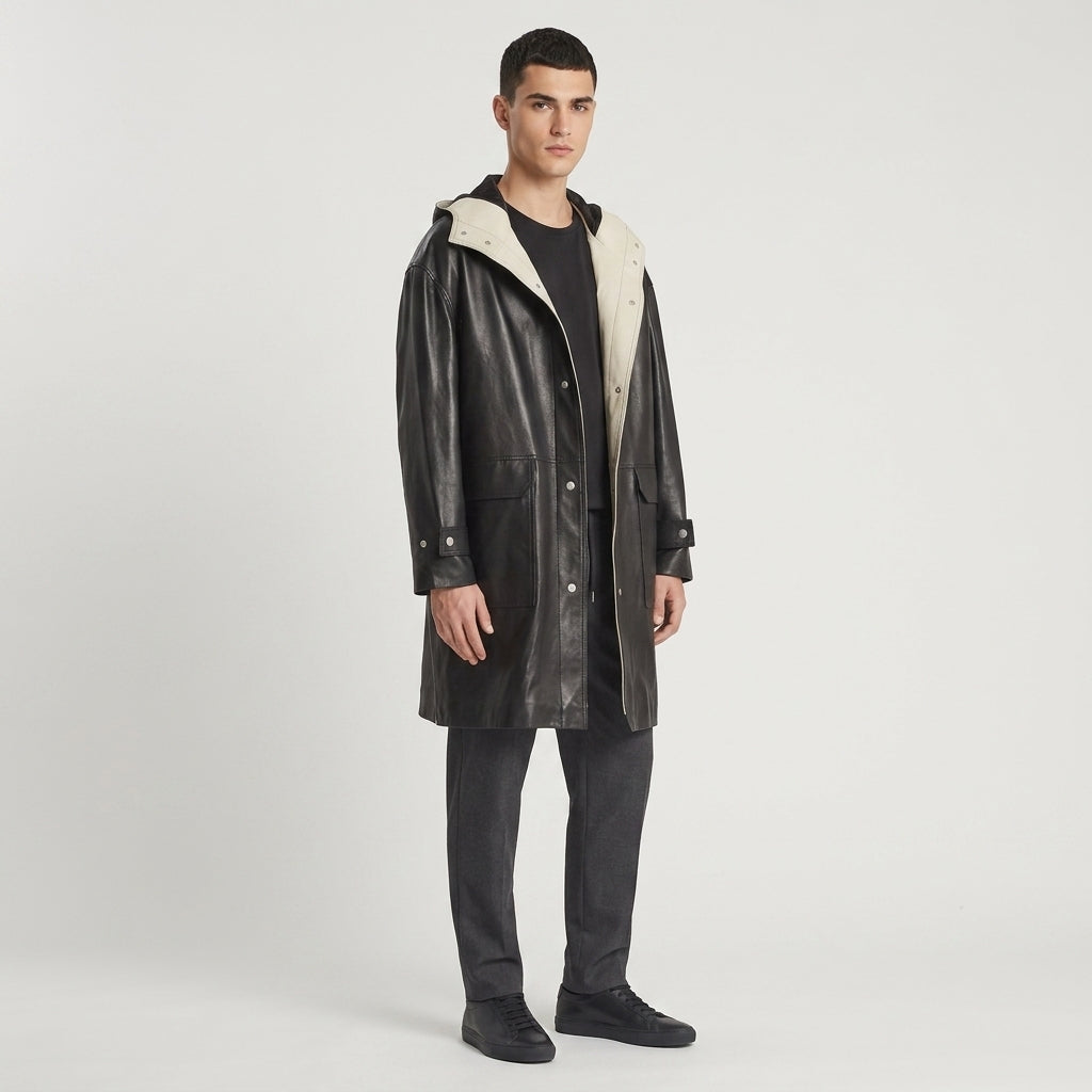 Black Hooded Leather Trench Coat with Beige Hood