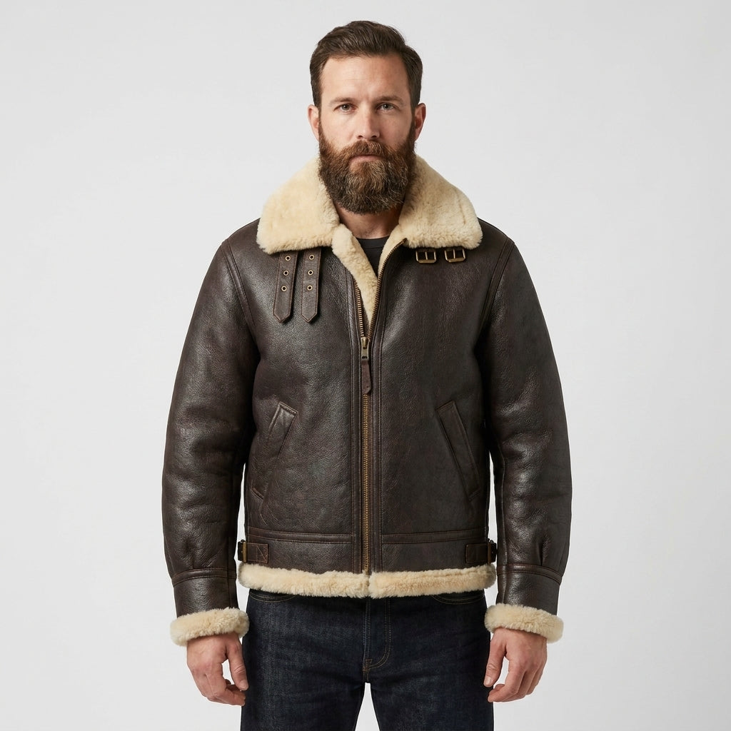 Men's Brown B3 Sheepskin Bomber Jacket – Cream Shearling