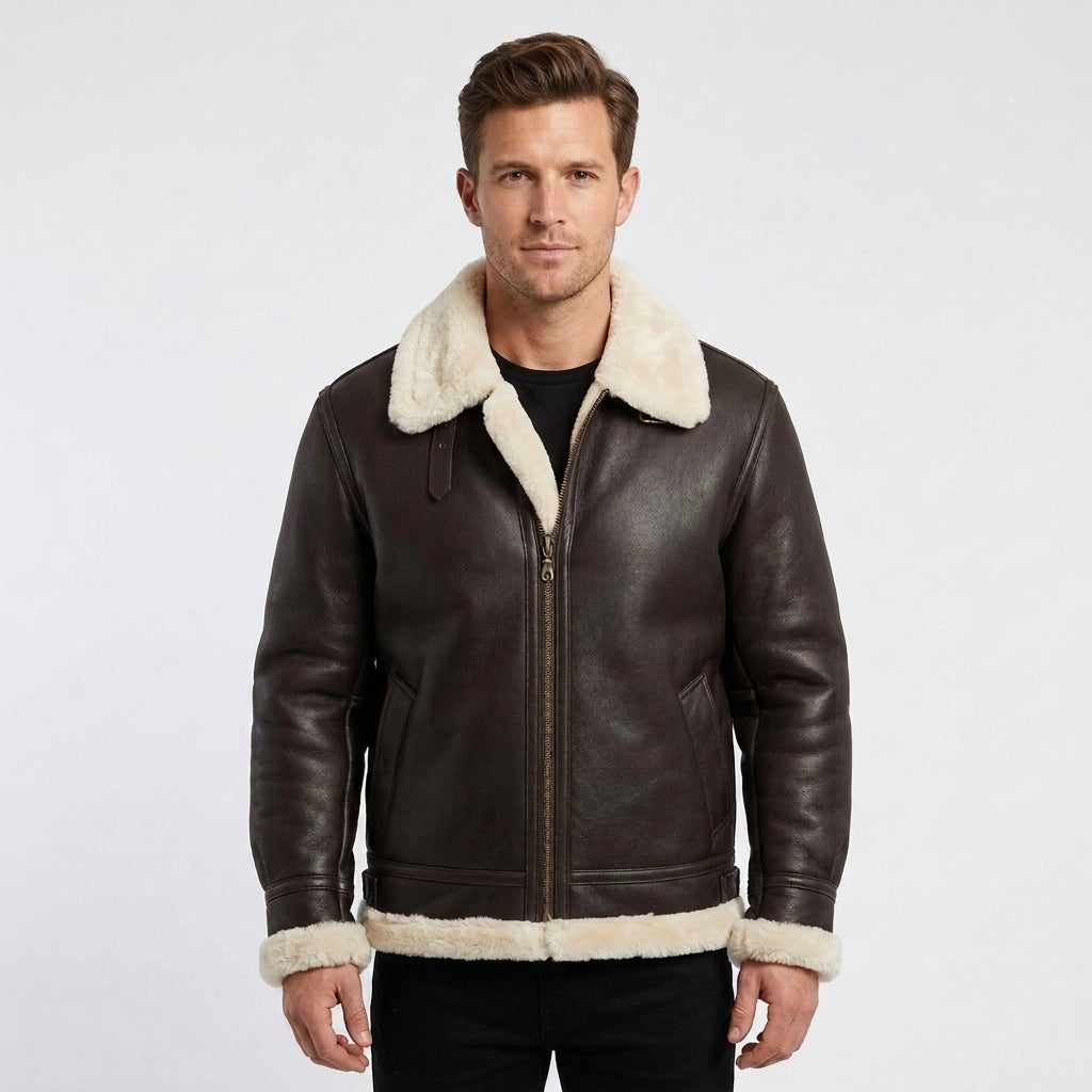 Men's Brown Sheepskin Flight Jacket with Cream Shearling Lining