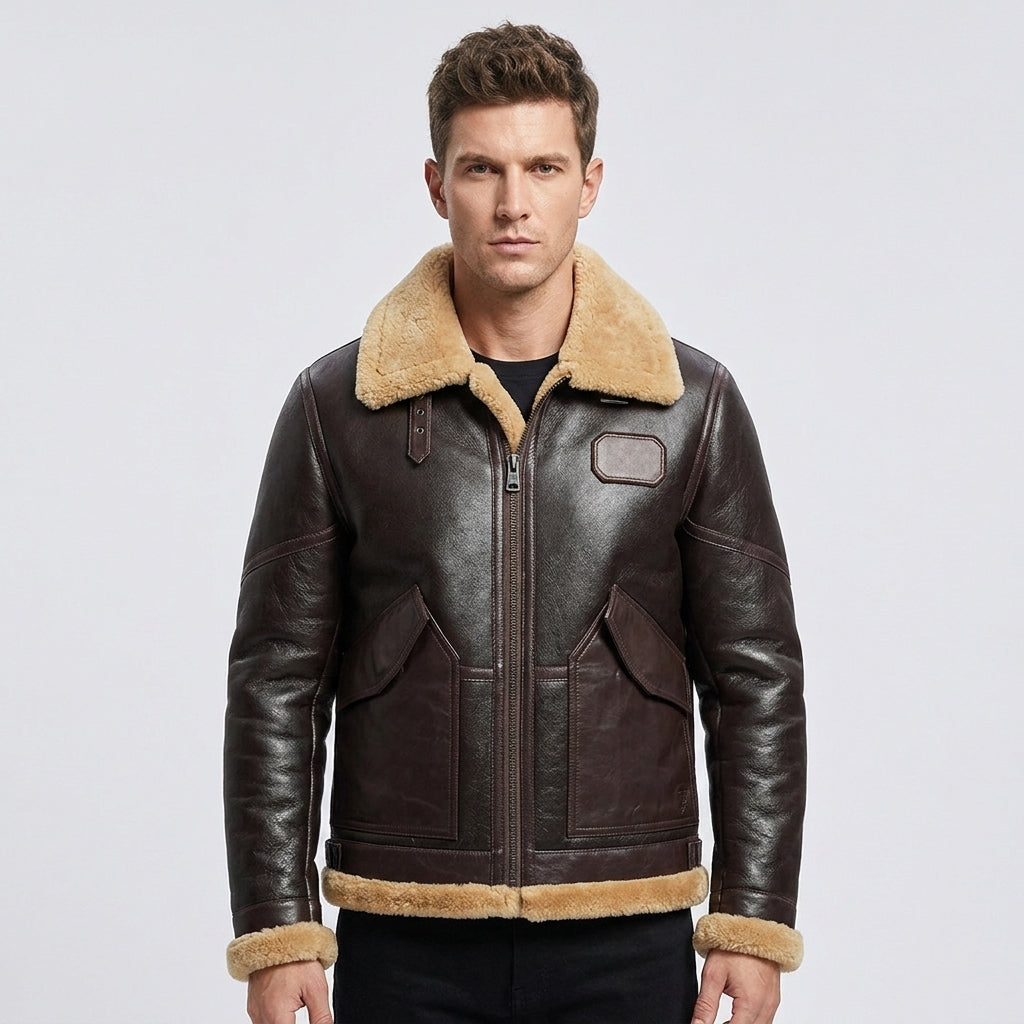 Men's Dark Brown Leather Flight Jacket with Tan Shearling Collar