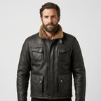 Men's Black Leather Flight Jacket Collar & Pockets
