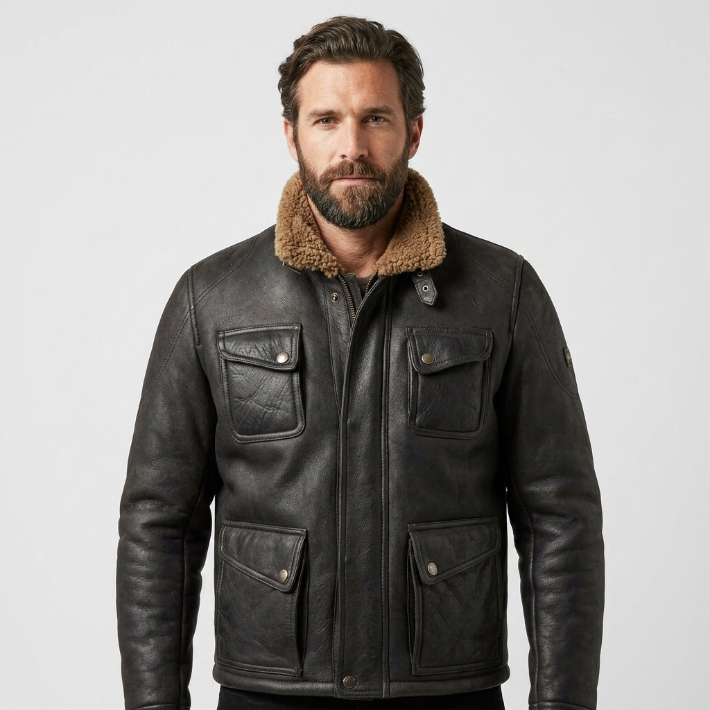 Men's Black Leather Flight Jacket Collar & Pockets