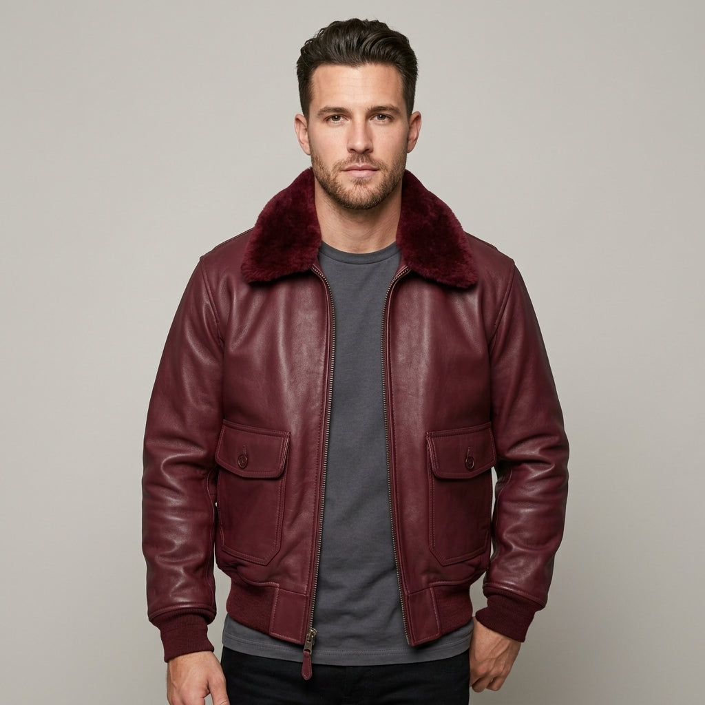 Men's Burgundy Leather Flight Jacket with Contrast Shearling Collar