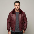 Men's Burgundy Leather Flight Jacket with Contrast Shearling Collar