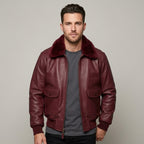 Men's Burgundy Leather Flight Jacket with Contrast Shearling Collar