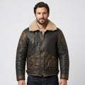 Men's Distressed Brown Leather-Trim Flight Jacket with Shearling Collar