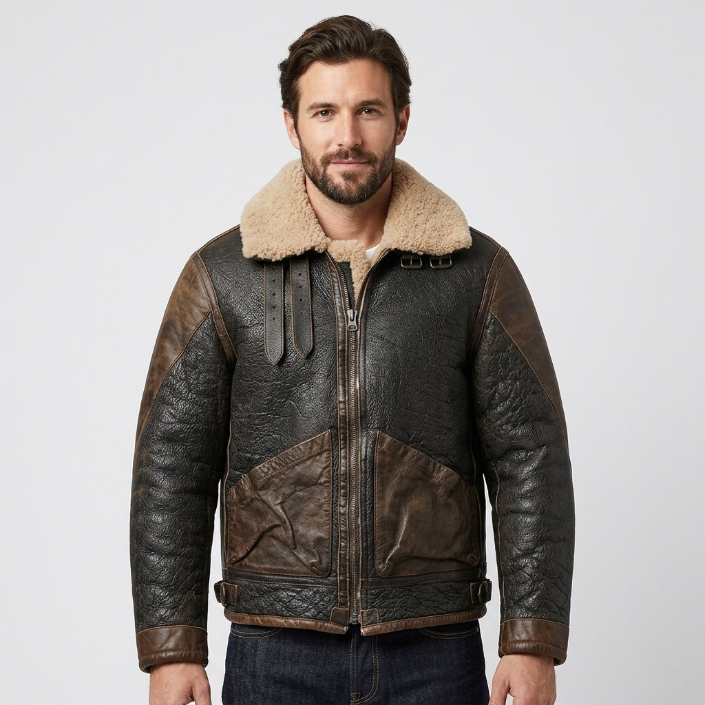 Men's Distressed Brown Leather-Trim Flight Jacket with Shearling Collar