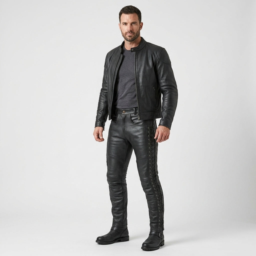 Men's Black Leather Pants Classic Motorcycle Riding Trousers