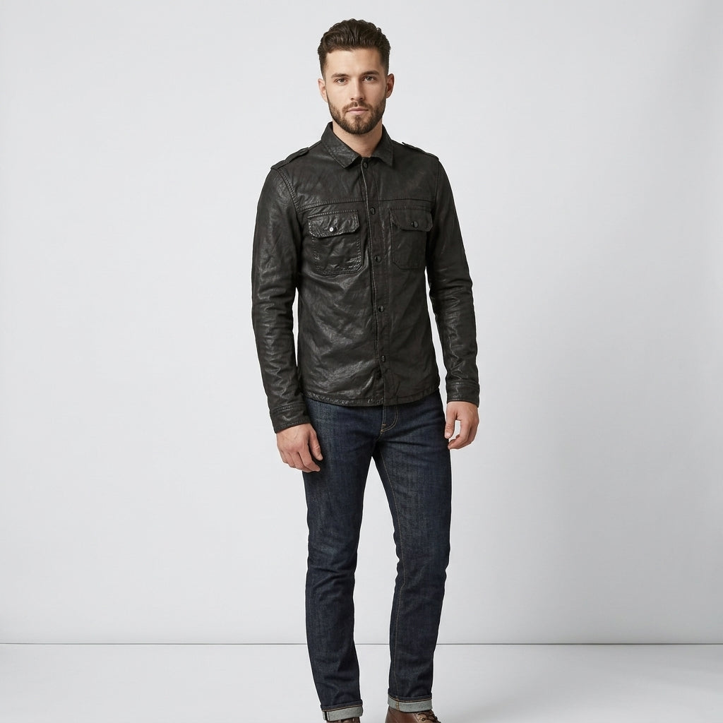 Men's Black Leather Shirt Genuine Lambskin Button-Down Shirt