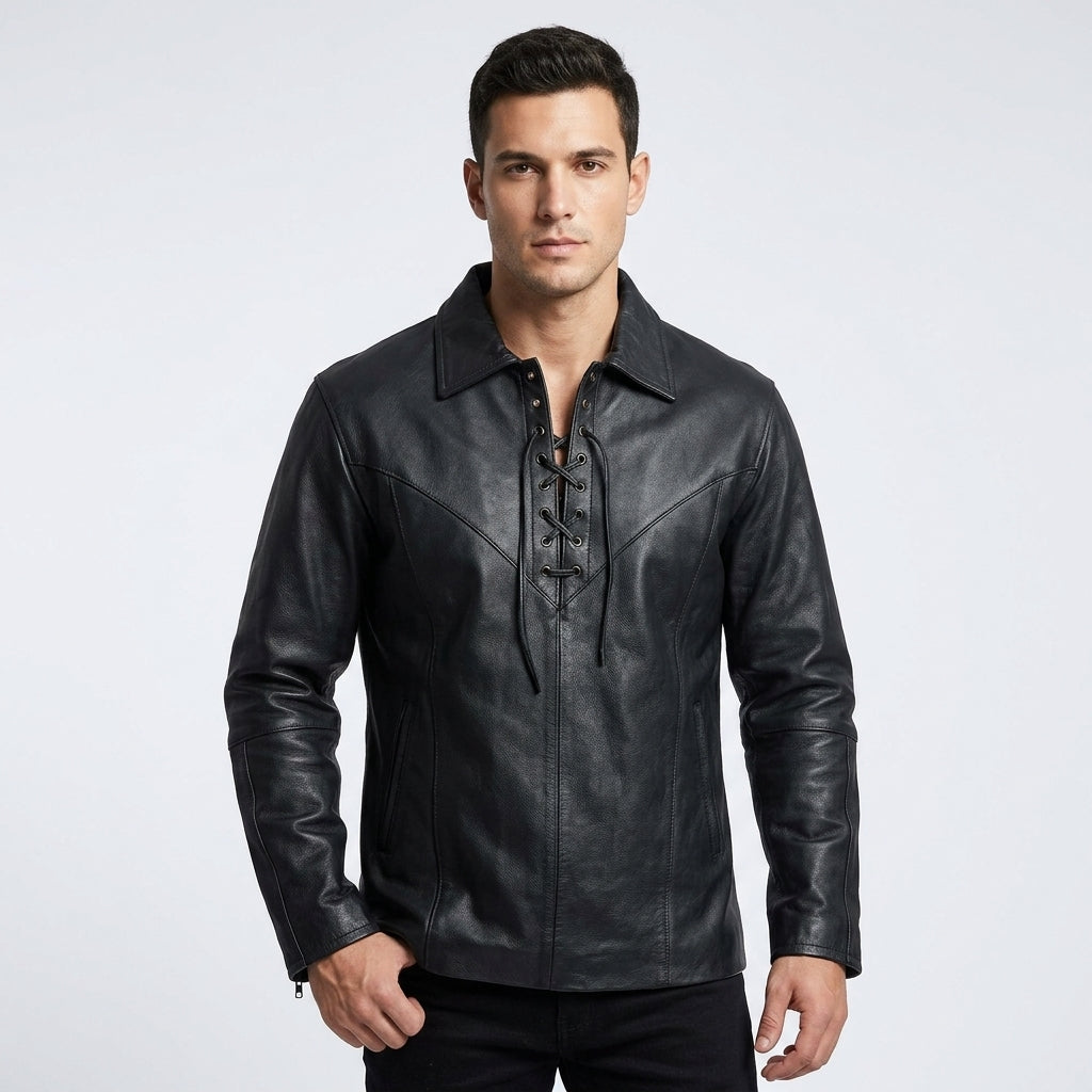 Men's Leather Western Shirt Genuine Snap Button Leather Shirt