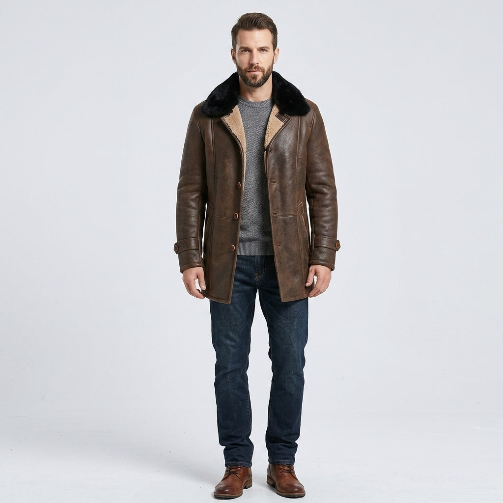 Men's Distressed Shearling Leather Coat