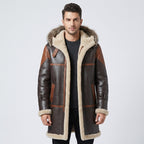 Men's Dark Brown Hooded Shearling Leather Coat