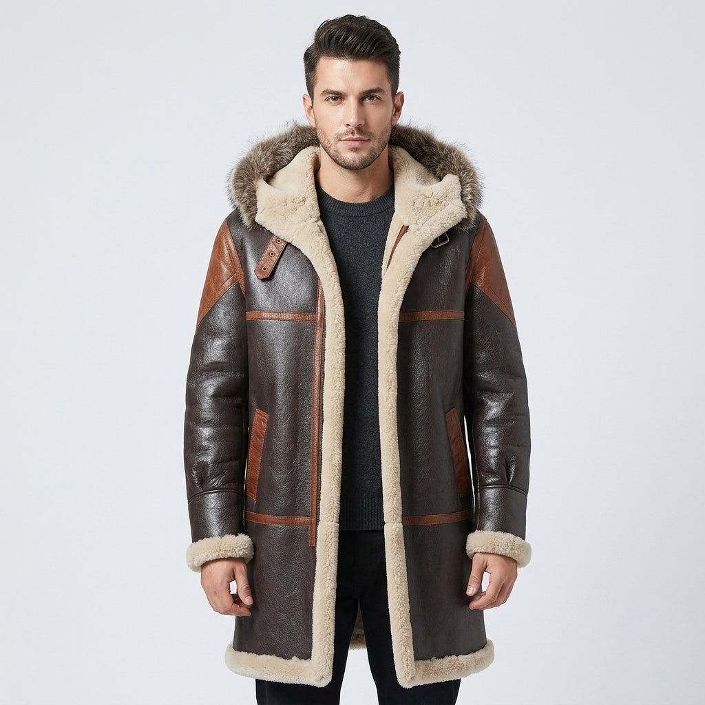 Men's Dark Brown Hooded Shearling Leather Coat
