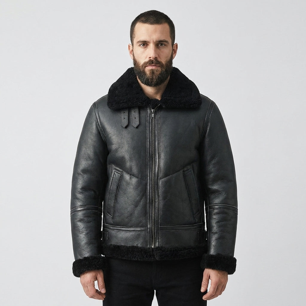 Men's Black Shearling Leather Jacket with Shearling Fur