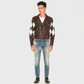 Men's Brown Lambskin Moto Jacket – White Diamond Color Block Leather Biker Jacket