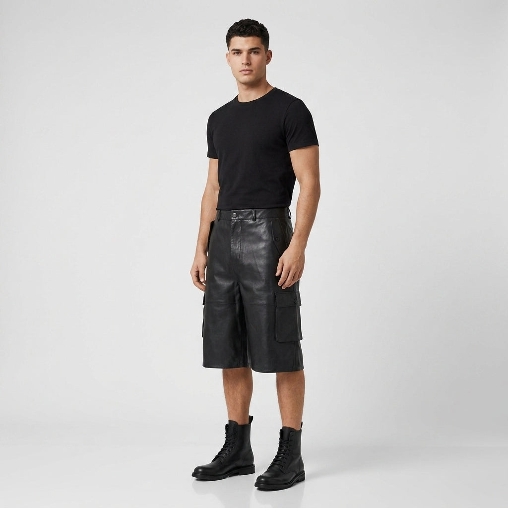 Men's Black Leather Shorts Genuine Lambskin Casual Shorts