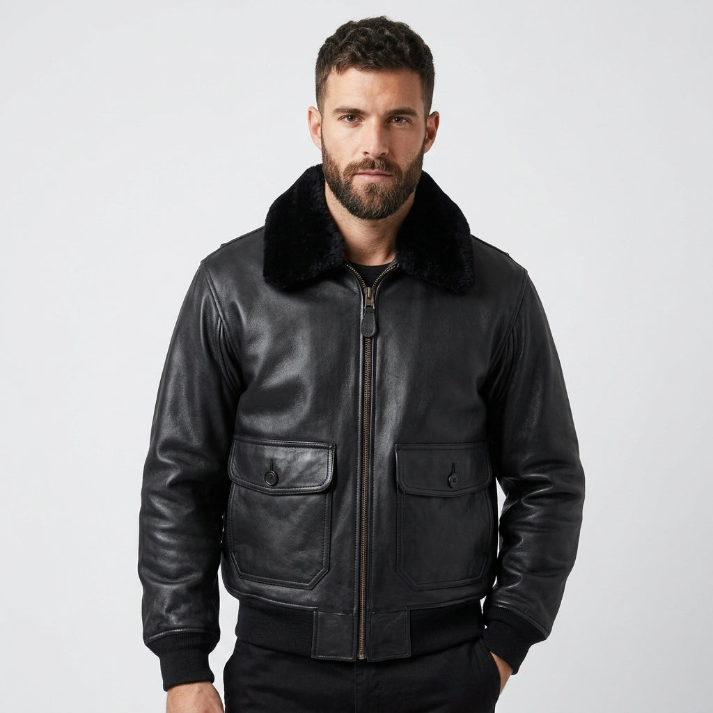 Men's Black Leather Flight Jacket with Removable Mouton Fur Collar