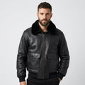 Men's Black Leather Flight Jacket with Removable Mouton Fur Collar