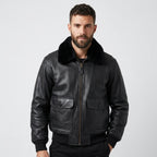 Men's Black Leather Flight Jacket with Removable Mouton Fur Collar
