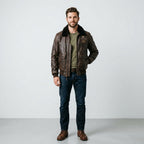 Men's Distressed Brown Leather Flight Jacket with Detachable Fur Collar