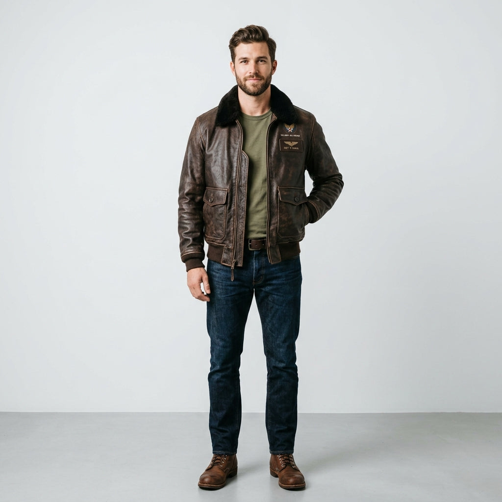 Men's Distressed Brown Leather Flight Jacket with Detachable Fur Collar