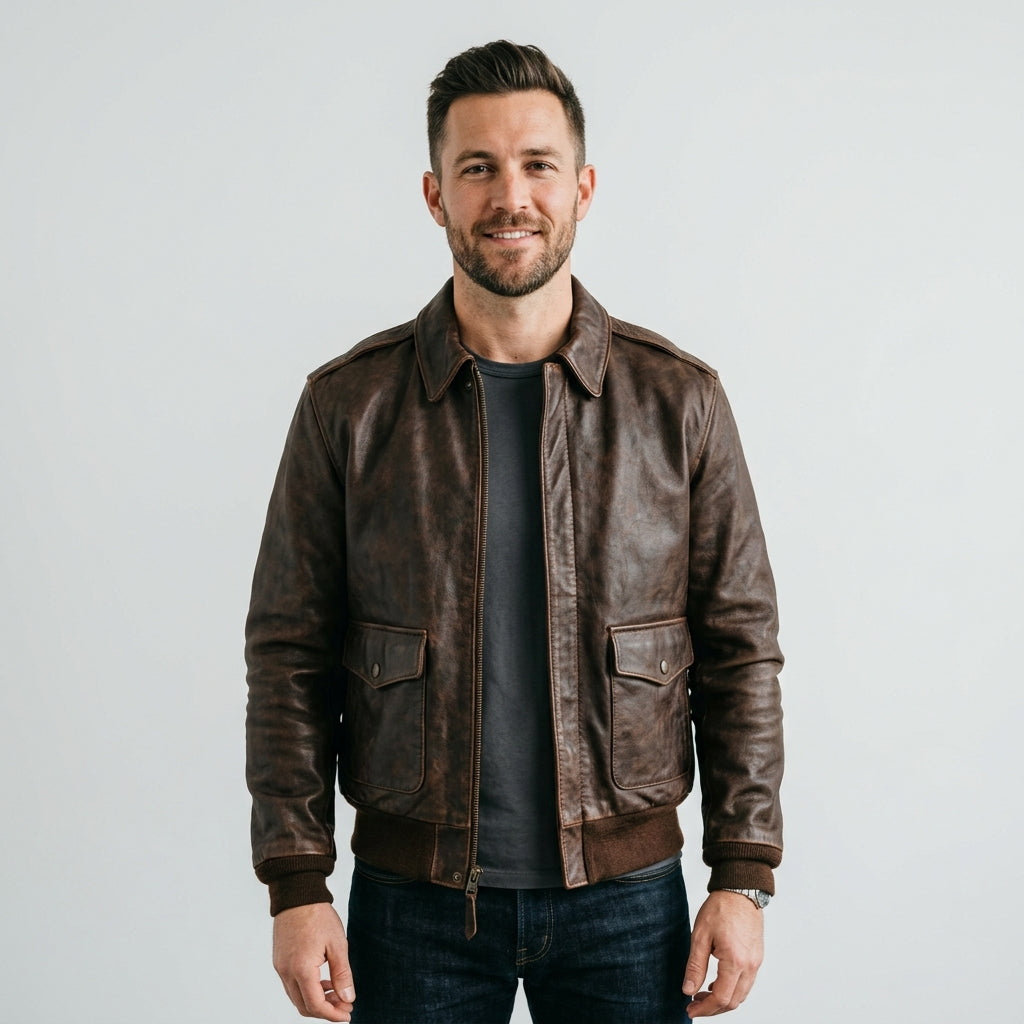 Men's Distressed Brown Leather Flight Jacket with Detachable Fur Collar