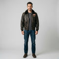 Men's Brown Leather Flight Jacket with Shearling Collar & Patches