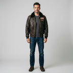 Men's Brown Leather Flight Jacket with Shearling Collar & Patches