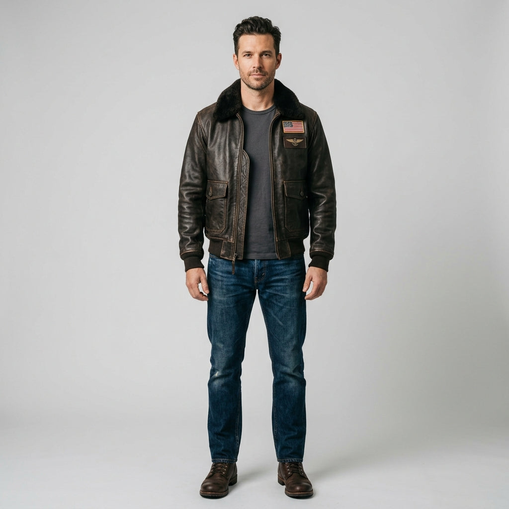 Men's Brown Leather Flight Jacket with Shearling Collar & Patches