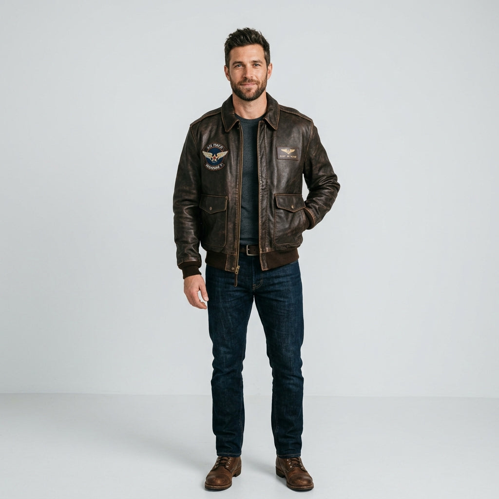 Men's Distressed Brown Leather Bomber Flight Jacket – Vintage Aviator Style
