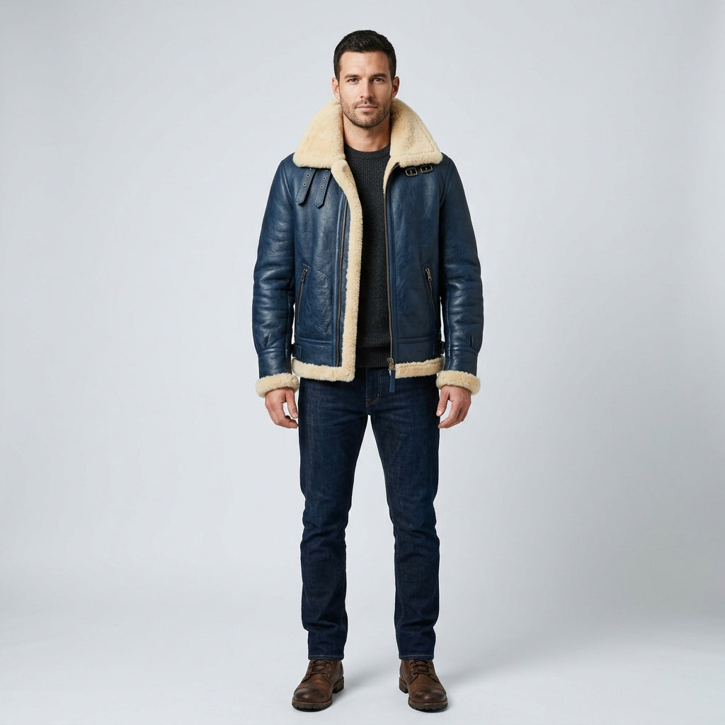 Men's Sheepskin Bomber Jacket Genuine Leather Shearling Pilot Coat