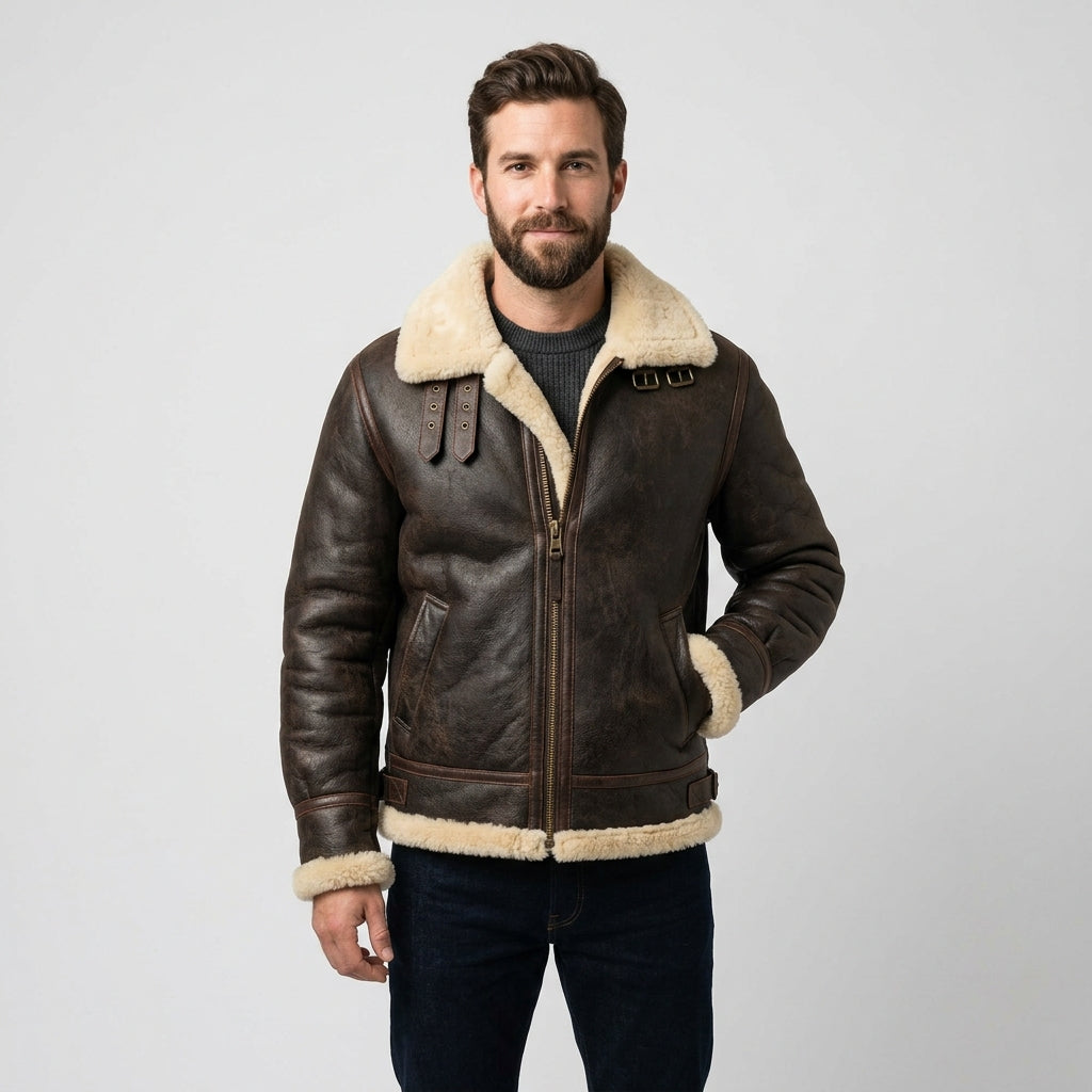 Men's Genuine Sheepskin Leather Jacket – Premium Shearling Winter Coat