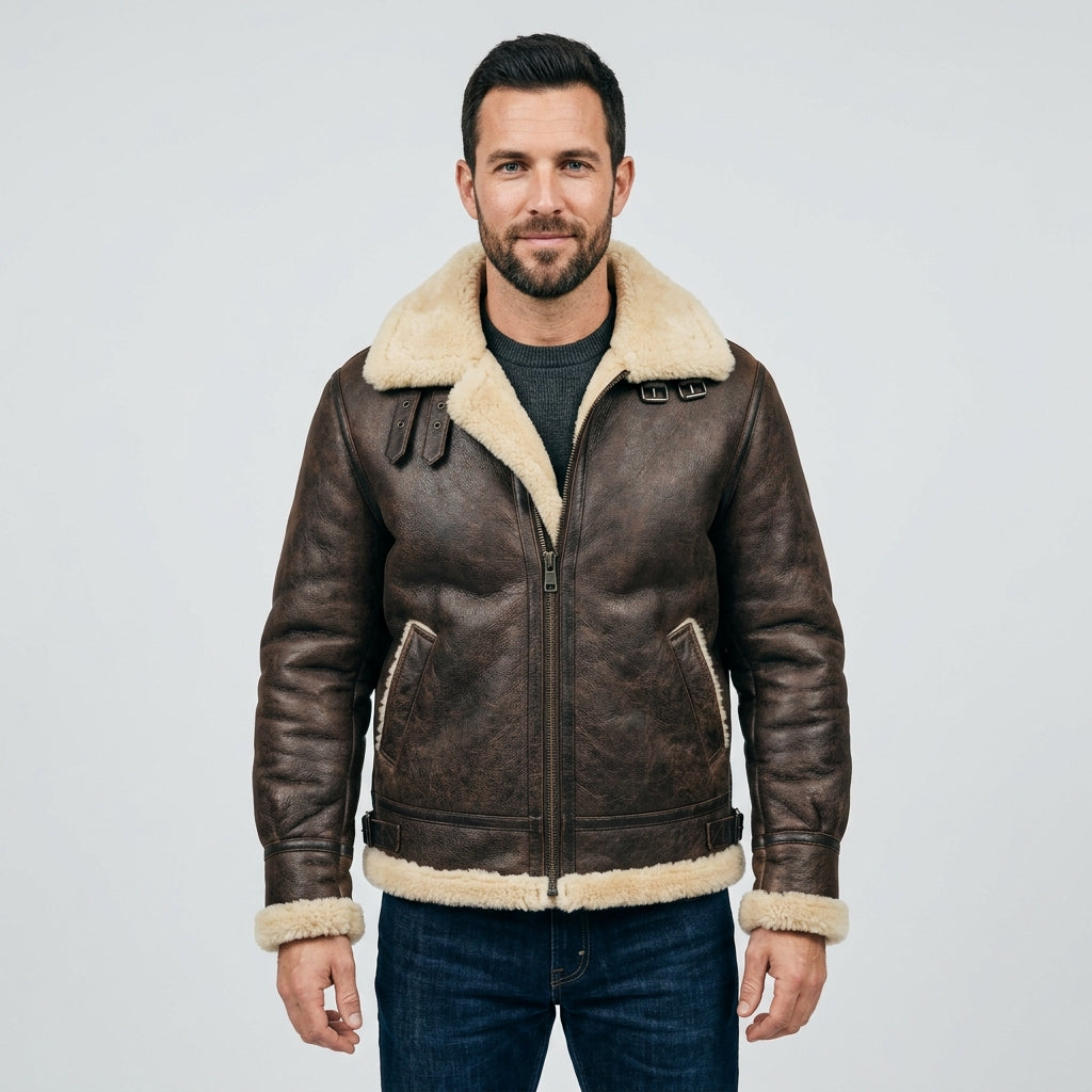 Men's Shearling Leather Jacket – Genuine Sheepskin Aviator Bomber
