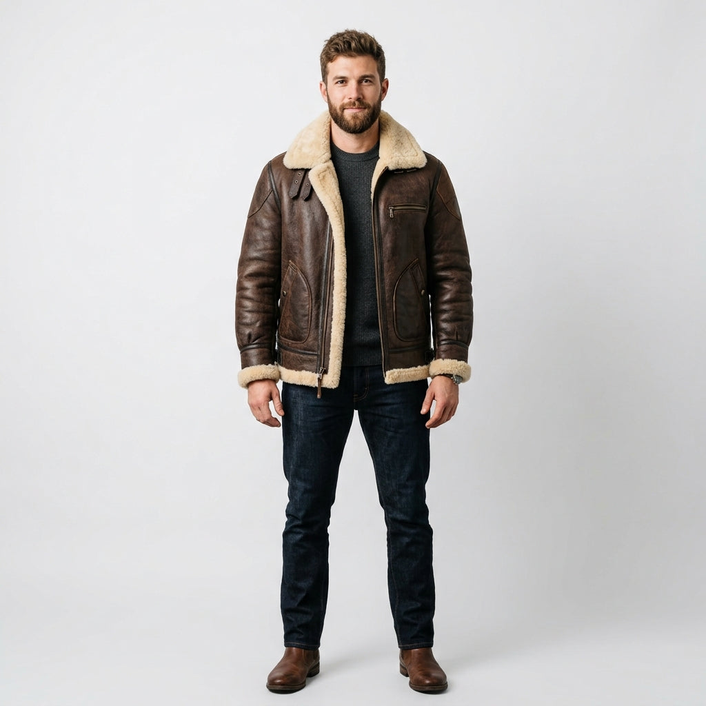 Men's Brown Sheepskin Leather Jacket Luxury Shearling Bomber Coat