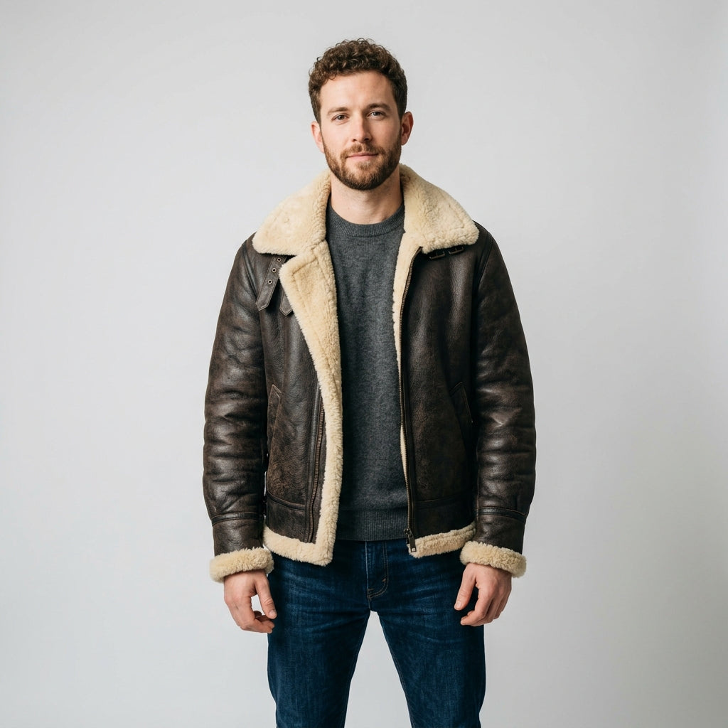 Men's Vintage Sheepskin Leather Jacket Classic Shearling Motorcycle Coat