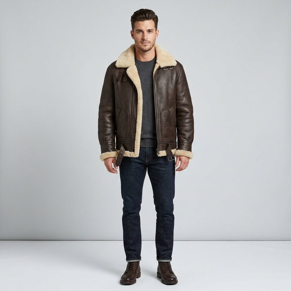 Men's Real Sheepskin Leather Aviator Jacket – Luxury Winter Bomber