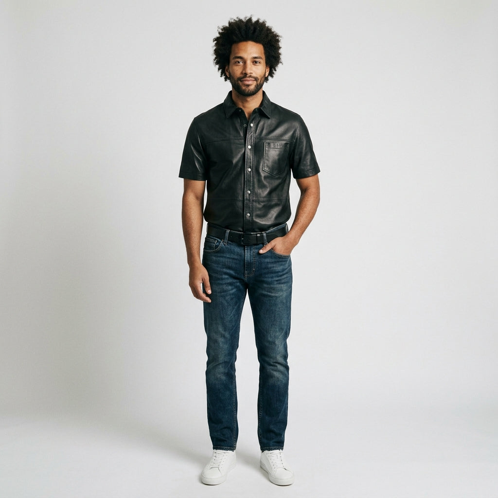 Men's Vintage Leather Shirt Distressed Genuine Leather Shirt