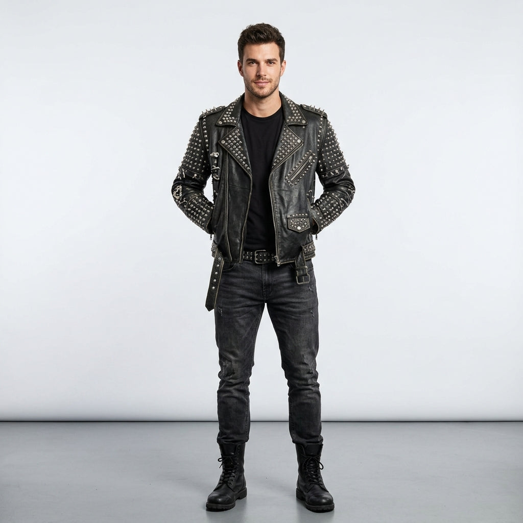 Men's Studded Leather Jacket – Genuine Leather Punk Biker Jacket