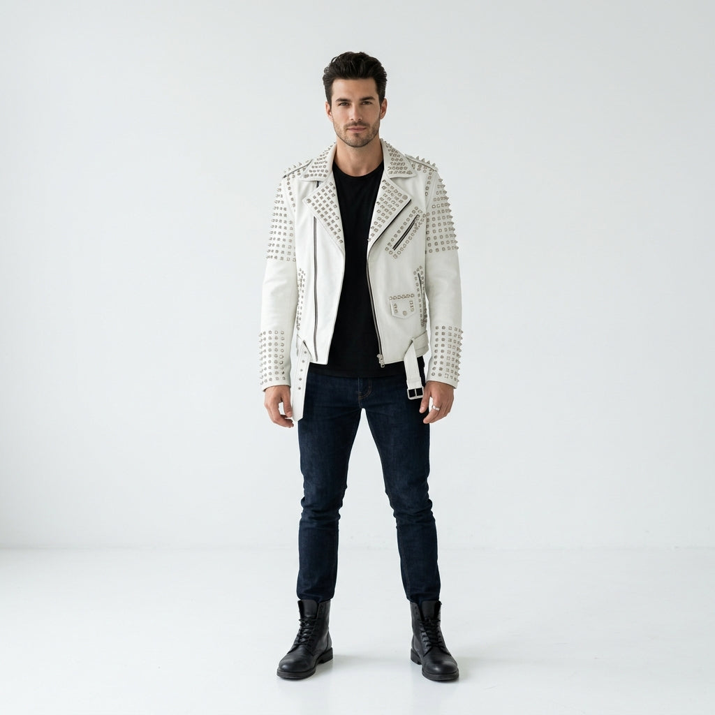 Men's White Studded Leather Jacket – Rock Punk Motorcycle Jacket